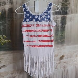 True Rock Girls Medium White Fringe American Flag Tank Top